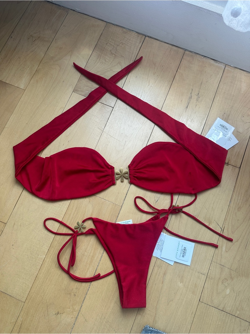 Women's Red Halter Bikini Set with Gold Flower Accents